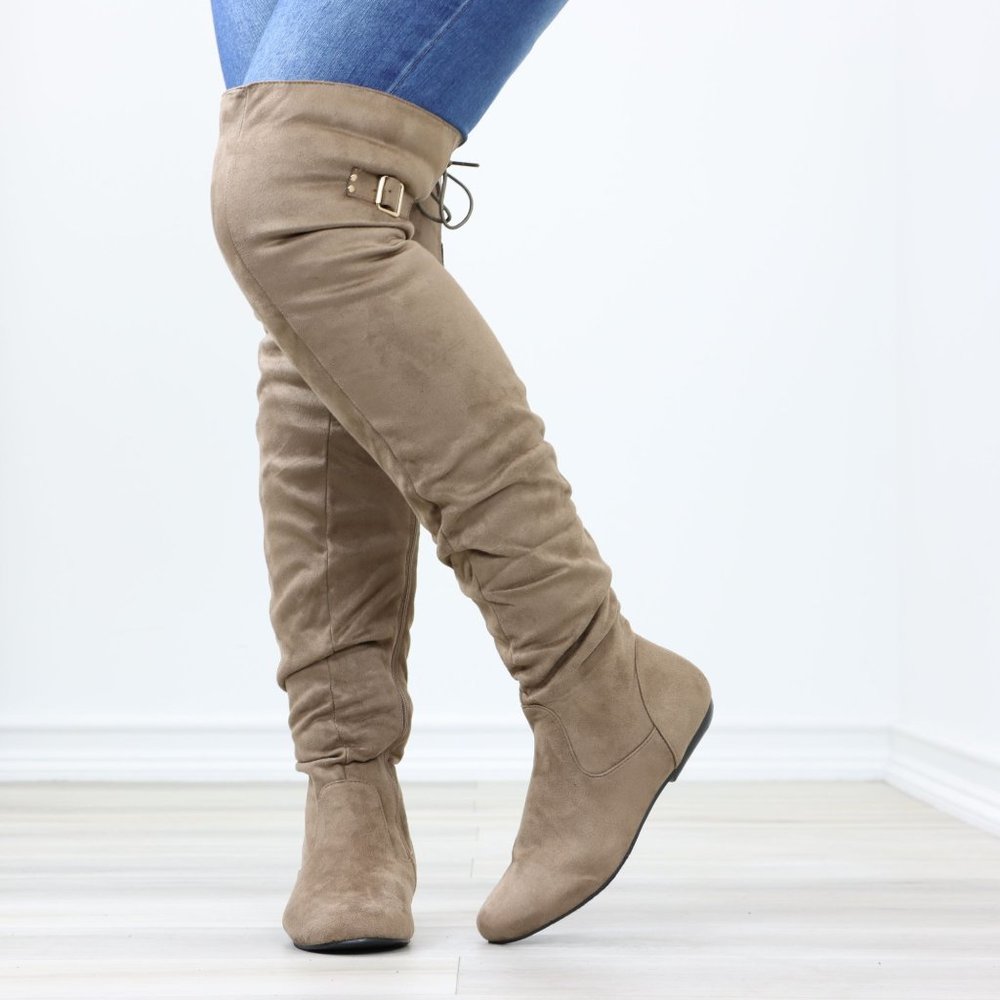Taupe Thigh High Over The Knee Flat Boots Faux Suede Laced Back - Picture 12 of 15